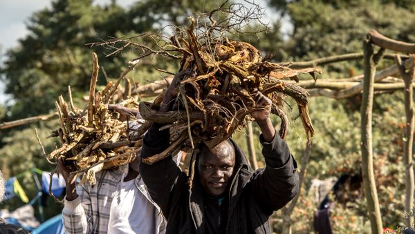 Migrants carry bundle of sticks at a site dubbed the New Jungle, where some 3,000 people have set up camp -- most seeking desperately to get to England, in Calais on September 19, 2015. - Sputnik International