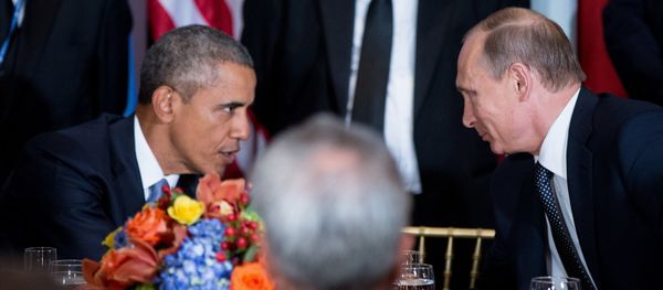 President Barack Obama and Russian President President Vladimir Putin greet each other during a luncheon, Monday, Sept. 28, 2015, at United Nations headquarters. President Barack Obama and Russian President President Vladimir Putin greet each other during a luncheon, Monday, Sept. 28, 2015, at United Nations headquarters. - Sputnik International