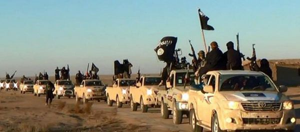 In this undated file photo released by a militant website, which has been verified and is consistent with other AP reporting, militants of the Islamic State group hold up their weapons and wave its flags on their vehicles in a convoy on a road leading to Iraq, while riding in Raqqa city in Syria In this undated file photo released by a militant website, which has been verified and is consistent with other AP reporting, militants of the Islamic State group hold up their weapons and wave its flags on their vehicles in a convoy on a road leading to Iraq, while riding in Raqqa city in Syria - Sputnik International
