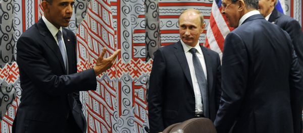US President Barack Obama, left, gestures while speaking to Russian President Vladimir Putin, third right, as Russian Foreign Minister Sergey Lavrov, second right, and US Secretary of State John Kerry, right, look at him before a bilateral meeting at United Nations headquarters in New York, Monday, Sept. 28, 2015. US President Barack Obama, left, gestures while speaking to Russian President Vladimir Putin, third right, as Russian Foreign Minister Sergey Lavrov, second right, and US Secretary of State John Kerry, right, look at him before a bilateral meeting at United Nations headquarters in New York, Monday, Sept. 28, 2015. - Sputnik International