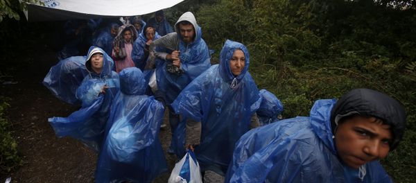 A group of migrants head to cross a border line between Serbia and Croatia, near the village of Berkasovo, about 100 km west from Belgrade, Serbia, Tuesday, Sept. 29, 2015 - Sputnik International
