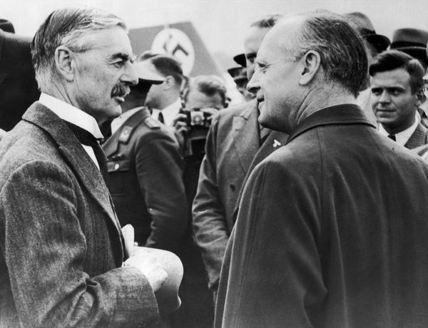 Prime Minister Neville Chamberlain chats with German Foreign Affairs Minister Joachim von Ribbentrop upon his arrival at the Munich airport, Sept. 15, 1938 Prime Minister Neville Chamberlain chats with German Foreign Affairs Minister Joachim von Ribbentrop upon his arrival at the Munich airport, Sept. 15, 1938 - Sputnik International