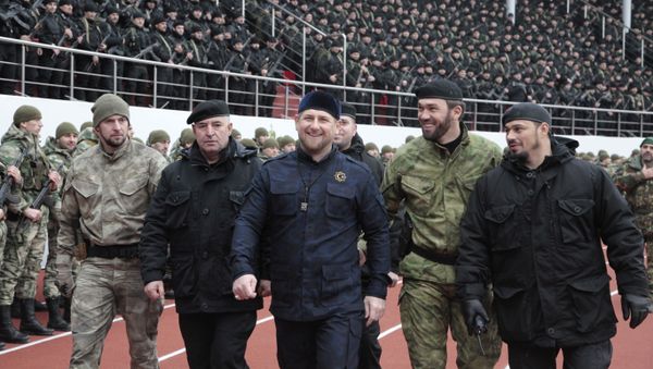 Chechnya's regional leader Ramzan Kadyrov, center, and other Chechen top commanders inspect Chechen special forces during a a rally at the Dinamo stadium in Chechen capital Grozny, Russia Chechnya's regional leader Ramzan Kadyrov, center, and other Chechen top commanders inspect Chechen special forces during a a rally at the Dinamo stadium in Chechen capital Grozny, Russia - Sputnik International