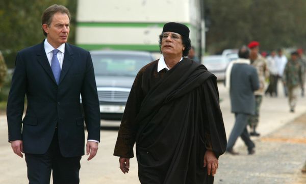 Libyan leader Col. Moammar Gadhafi, at right, with Britain's Prime Minister Tony Blair as they meet outside Tripoli, in Libya, Thursday, March, 25, 2004. Libyan leader Col. Moammar Gadhafi, at right, with Britain's Prime Minister Tony Blair as they meet outside Tripoli, in Libya, Thursday, March, 25, 2004. - Sputnik International