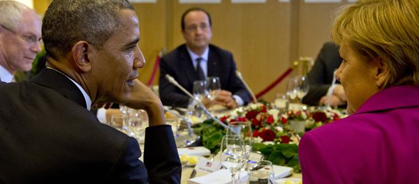 US President Barack Obama, President of the European Council Herman van Rompuy, France's President Francois Hollande, Germany's Chancellor Angela Merkel attend a working dinner at the G7 summit at the European Council headquarters on June 4, 2014 in Brussels - Sputnik International