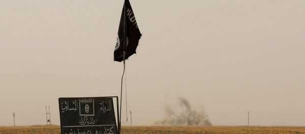 Smoke rises in the distance behind an Islamic State (IS) group flag and banner after Iraqi Kurdish Peshmerga fighters reportedly captured several villages from IS group jihadists in the district of Daquq, south of the northern Iraqi multi-ethnic city of Kirkuk on September 11, 2015 - Sputnik International