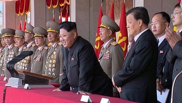 In this image made from video, North Korean leader Kim Jong Un, center, along with Liu Yunshan, China's Communist Party's No. 5 leader, third right, watches parade during the ceremony to mark the 70th anniversary of the country's ruling party in Pyongyang, Saturday, Oct. 10, 2015 - Sputnik International