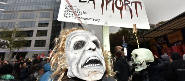 A protester with a mask demonstrates against the free trade agreement TTIP (Transatlantic Trade and Investment Partnership) during an EU summit in Brussels, Belgium on Thursday, Oct. 15, 2015. A protester with a mask demonstrates against the free trade agreement TTIP (Transatlantic Trade and Investment Partnership) during an EU summit in Brussels, Belgium on Thursday, Oct. 15, 2015. - Sputnik International