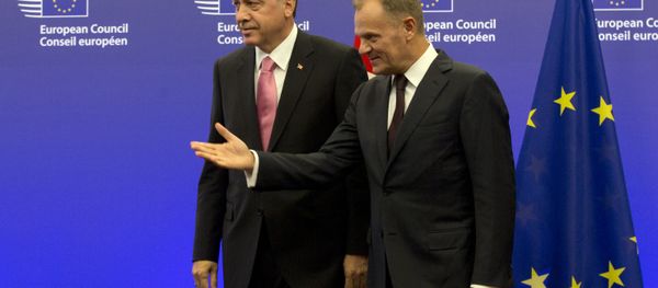 Turkish President Recep Tayyip Erdogan, left, is greeted by European Council President Donald Tusk prior to a meeting at the EU Council building in Brussels on Monday, Oct. 5, 2015. Turkish President Recep Tayyip Erdogan, left, is greeted by European Council President Donald Tusk prior to a meeting at the EU Council building in Brussels on Monday, Oct. 5, 2015. - Sputnik International