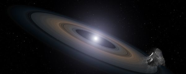This is an artist’s impression of a white dwarf (burned-out) star accreting rocky debris left behind by the star’s surviving planetary system. It was observed by Hubble in the Hyades star cluster. At lower right, an asteroid can be seen falling toward a Saturn-like disk of dust that is encircling the dead star. Infalling asteroids pollute the white dwarf’s atmosphere with silicon. This is an artist’s impression of a white dwarf (burned-out) star accreting rocky debris left behind by the star’s surviving planetary system. It was observed by Hubble in the Hyades star cluster. At lower right, an asteroid can be seen falling toward a Saturn-like disk of dust that is encircling the dead star. Infalling asteroids pollute the white dwarf’s atmosphere with silicon. - Sputnik International