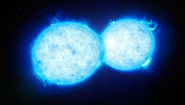 This artist’s impression shows VFTS 352 — the hottest and most massive double star system to date where the two components are in contact and sharing material This artist’s impression shows VFTS 352 — the hottest and most massive double star system to date where the two components are in contact and sharing material - Sputnik International