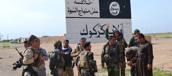 Iraqi Kurdish Peshmerga fighters stand next to an Islamic State (IS) group sign at the entrance to the northern Iraqi town of Hawija, south of Kirkuk on March 9, 2015 after they reportedly re-took the area from IS jihadists Iraqi Kurdish Peshmerga fighters stand next to an Islamic State (IS) group sign at the entrance to the northern Iraqi town of Hawija, south of Kirkuk on March 9, 2015 after they reportedly re-took the area from IS jihadists - Sputnik International