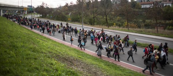 Refugees and migrants walk on a road as they leave Sentilj, Slovenia, on their way to cross the Slovenian-Austrian border on October 23, 2015 - Sputnik International