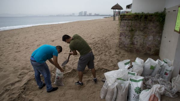 Men fill small bags with sand from the beach as they prepare for the arrival of Hurricane Patricia in Puerto Vallarta. Men fill small bags with sand from the beach as they prepare for the arrival of Hurricane Patricia in Puerto Vallarta. - Sputnik International
