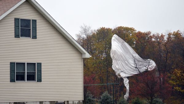 Part of an unmanned Army surveillance blimp hangs off a group of trees after crash landing near Muncy, Pa. - Sputnik International