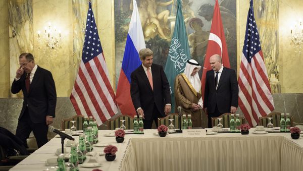 (From left) Russian Foreign Minister Sergei Lavrov, US Secretary of State John Kerry, Saudi Foreign Minister Adel al-Jubeir and Turkish Foreign Minister Feridun Sinirlioglu take their seats before a meeting at the Hotel Imperial at Hotel Imperial on October 29, 2015 in Vienna, Austria (From left) Russian Foreign Minister Sergei Lavrov, US Secretary of State John Kerry, Saudi Foreign Minister Adel al-Jubeir and Turkish Foreign Minister Feridun Sinirlioglu take their seats before a meeting at the Hotel Imperial at Hotel Imperial on October 29, 2015 in Vienna, Austria - Sputnik International