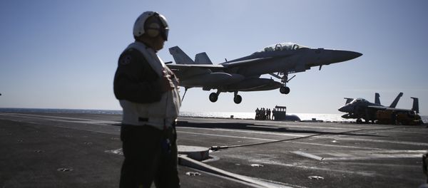 A US Navy crew member looks at an F/A-18 Super Hornet fighter landing onto the deck of the USS Ronald Reagan, a Nimitz-class nuclear-powered aircraft carrier, during a joint naval drill between South Korea and the US in the West Sea off South Korea on October 28, 2015 A US Navy crew member looks at an F/A-18 Super Hornet fighter landing onto the deck of the USS Ronald Reagan, a Nimitz-class nuclear-powered aircraft carrier, during a joint naval drill between South Korea and the US in the West Sea off South Korea on October 28, 2015 - Sputnik International