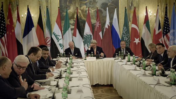 Egyptian Foreign Minister Sameh Shoukry (L), German Foreign Minister Frank Walter Steinmeier (2ndL), UN Special Envoy for Syria Staffan de Mistura (7thL), US Secretary of State John Kerry (5thR), Russian Foreign Minister Sergei Lavrov (4thR), Vice Minister of Foreign Affairs Li Baodong (2ndR) and Iranian Foreign Minister Javad Zarif (R) wait before a meeting with 17 nations, the European Union and United Nations at the Hotel Imperial on October 30, 2015 in Vienna, Austria Egyptian Foreign Minister Sameh Shoukry (L), German Foreign Minister Frank Walter Steinmeier (2ndL), UN Special Envoy for Syria Staffan de Mistura (7thL), US Secretary of State John Kerry (5thR), Russian Foreign Minister Sergei Lavrov (4thR), Vice Minister of Foreign Affairs Li Baodong (2ndR) and Iranian Foreign Minister Javad Zarif (R) wait before a meeting with 17 nations, the European Union and United Nations at the Hotel Imperial on October 30, 2015 in Vienna, Austria - Sputnik International