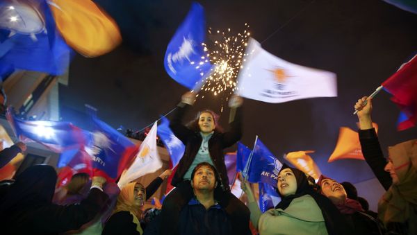 People wave flags outside the AK Party headquarters in Istanbul, Turkey November 1, 2015 People wave flags outside the AK Party headquarters in Istanbul, Turkey November 1, 2015 - Sputnik International