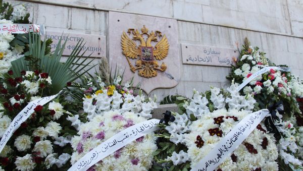 Flower wreaths near the Russian embassy in Damascus brought in memory of those who died in the crash of Kogalymavia Airlines' Airbus A321 plane (Flight 9268) en route from Sharm el-Sheikh to St. Petersburg Flower wreaths near the Russian embassy in Damascus brought in memory of those who died in the crash of Kogalymavia Airlines' Airbus A321 plane (Flight 9268) en route from Sharm el-Sheikh to St. Petersburg - Sputnik International