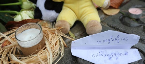 Flowers, candles, toys and a paper plane with the word condolences to commemorate the Airbus A321 victims, outside the Russian general consulate in Barcelona - Sputnik International