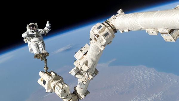 Astronaut Stephen K. Robinson, STS-114 mission specialist, anchored to a foot restraint on the International Space Station's Canadarm2, participates in the mission's third session of extravehicular activity (EVA) August 3, 2005 - Sputnik International