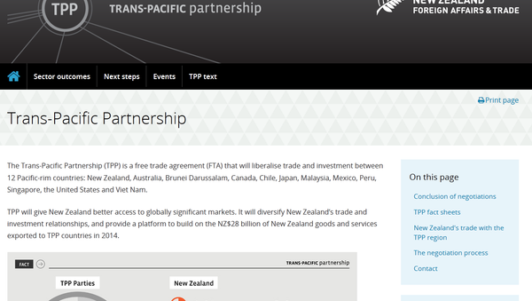 The text of the Trans-Pacific Partnership (TTP) Agreement was released Thursday by New Zealand's Ministry of Foreign Affairs and Trade - Sputnik International
