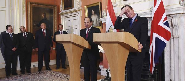 Britain's Prime Minister David Cameron (R) gestures during a news conference with Egypt's President Abdel Fattah al-Sisi at Number 10 Downing Street in London, Britain, November 5, 2015 - Sputnik International