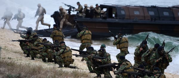 Portuguese Fuzileiros secure an area after disembarking from an amphibious transport during an exercise as part of the NATO's Trident Juncture 2015 in Troia, 100 kms south of Lisbon on November 5, 2015 Portuguese Fuzileiros secure an area after disembarking from an amphibious transport during an exercise as part of the NATO's Trident Juncture 2015 in Troia, 100 kms south of Lisbon on November 5, 2015 - Sputnik International