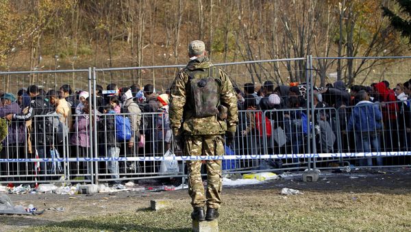 A Slovenian soldier observes migrants as they wait to cross the border into Spielfeld in Austria from the village of Sentilj, Slovenia, October 31, 2015 - Sputnik International