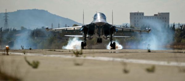 A multifunctional fighter-bomber Su-34 of the Russian Aerospace Forces lands at Hemeimeem air base in Syria A multifunctional fighter-bomber Su-34 of the Russian Aerospace Forces lands at Hemeimeem air base in Syria - Sputnik International