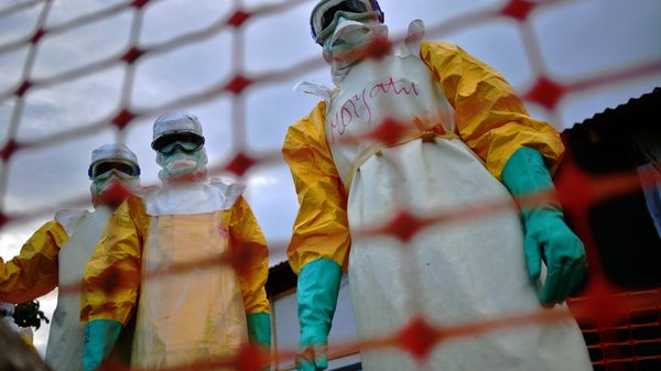 (FILES) A file picture taken on August 14, 2014 shows Medecins Sans Frontieres (MSF) medical staff wearing protective clothing treating the body of an Ebola victim at their facility in Kailahun (FILES) A file picture taken on August 14, 2014 shows Medecins Sans Frontieres (MSF) medical staff wearing protective clothing treating the body of an Ebola victim at their facility in Kailahun - Sputnik International