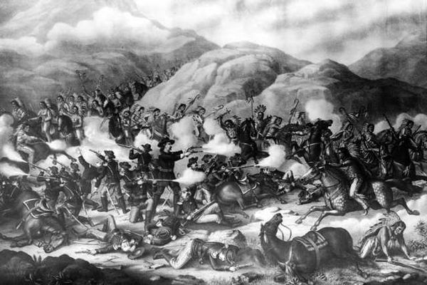 Battle of the Big Horn. Shows the smoking guns of General Custer and his U. S. Army troops being defeated in battle with Native American Lakota Sioux, and Northern Cheyenne, Little Bighorn Battlefield, June 26, 1876 Little Bighorn River, Montana. - Sputnik International