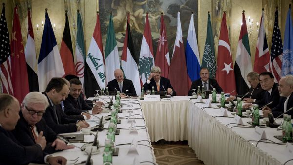 Egyptian Foreign Minister Sameh Shoukry (L), German Foreign Minister Frank Walter Steinmeier (2nd L), UN Special Envoy for Syria Staffan de Mistura (7th L), US Secretary of State John Kerry (5th R), Russian Foreign Minister Sergei Lavrov (4th R), Vice Minister of Foreign Affairs Li Baodong (2nd R) and Iranian Foreign Minister Javad Zarif (R) wait before a meeting with 17 nations, the European Union and United Nations at the Hotel Imperial in Vienna, October 30, 2015 Egyptian Foreign Minister Sameh Shoukry (L), German Foreign Minister Frank Walter Steinmeier (2nd L), UN Special Envoy for Syria Staffan de Mistura (7th L), US Secretary of State John Kerry (5th R), Russian Foreign Minister Sergei Lavrov (4th R), Vice Minister of Foreign Affairs Li Baodong (2nd R) and Iranian Foreign Minister Javad Zarif (R) wait before a meeting with 17 nations, the European Union and United Nations at the Hotel Imperial in Vienna, October 30, 2015 - Sputnik International