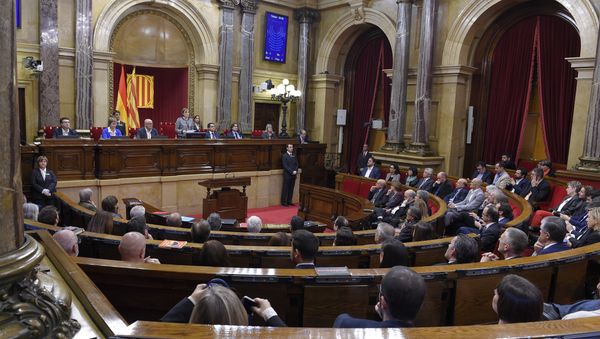 Carme Forcadell (C) delivers her first speech as Parliament's new president during the Catalan regional Parliament's constitutive session on October 26, 2015 in Barcelona Carme Forcadell (C) delivers her first speech as Parliament's new president during the Catalan regional Parliament's constitutive session on October 26, 2015 in Barcelona - Sputnik International