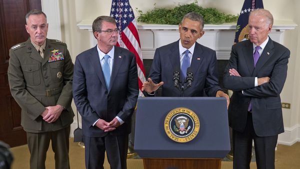 President Barack Obama, accompanied by, from left, Joint Chiefs Chairman Gen. Joseph Dunford, Defense Secretary Ash Carter and Vice President Joe Biden, speaks about Afghanistan. President Barack Obama, accompanied by, from left, Joint Chiefs Chairman Gen. Joseph Dunford, Defense Secretary Ash Carter and Vice President Joe Biden, speaks about Afghanistan. - Sputnik International