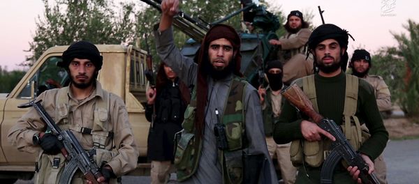 A man (C) identified in the subtitiles as Al Karar the Iraqi gestures as he speaks at an undisclosed location in this image taken from undated video footage released by Islamic State. Islamic State warned in the new video on November 16, 2015 that countries taking part in air strikes against Syria would suffer the same fate as France, and threatened to attack in Washington - Sputnik International