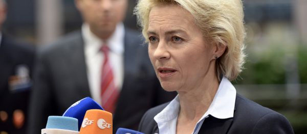 German Minister of Defence Ursula von der Leyen talks to journalists prior to the start of an European Union Defence Ministers' meeting at the EU Council in Brussels on November 17, 2015 - Sputnik International