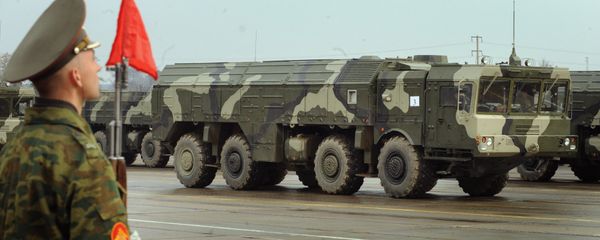 The Iskander ballistic missile launcher at a parade rehearsal. Grom-2 is ostensibly meant to compete with the Russian SRBM. The Iskander ballistic missile launcher at a parade rehearsal. Grom-2 is ostensibly meant to compete with the Russian SRBM. - Sputnik International