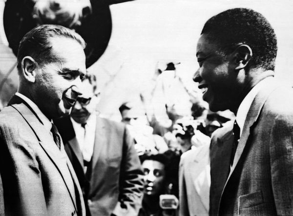 Picture released on August 15, 1960 at Elizabethville airoport, (Elisabethville now Lubumbashi), of UN general secretary Mister H., Dag Hammarskjold, welcomed by Moïse Kapenda Tshombe (Tchombe also written Tschombe), leader of the Katanga province, part of former colony Belgian Congo (Congo Belge), now called Democratic Republic of the Congo (DRC), where violence appeared after the Congolese independence on 30 June 1960. - Sputnik International