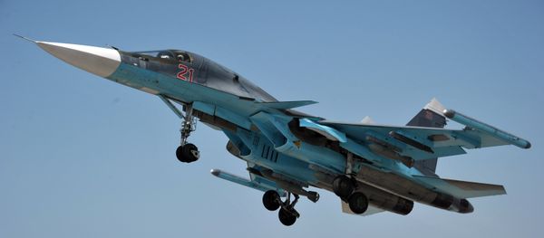 A Su-34 multipurpose strike bomber of the Russian Aerospace Force takes off from the Hmeymim Air Base in the Syrian province of Latakia.File photo - Sputnik International