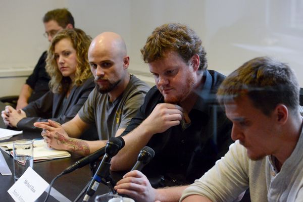 Former senior airmen Stephen Lewis (L), Michael Haas (2nd R) and Cian Westmoreland (R) together with lawyer Jesselyn Radack (2nd L) and Staff Sergeant Brandon Bryant take part in a news conference with former United States military drone operators in the Manhattan borough in New York November 19, 2015 Former senior airmen Stephen Lewis (L), Michael Haas (2nd R) and Cian Westmoreland (R) together with lawyer Jesselyn Radack (2nd L) and Staff Sergeant Brandon Bryant take part in a news conference with former United States military drone operators in the Manhattan borough in New York November 19, 2015 - Sputnik International
