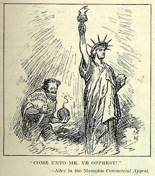 Come Unto Me, Ye Opprest! A political cartoon cited by Awan showing a swarthy, bearded, foreign anarchist, armed with a knife and bomb, creeping up behind the statue of Liberty, who holds her beacon aloft and calls out naively, come unto me, ye opprest! Come Unto Me, Ye Opprest! A political cartoon cited by Awan showing a swarthy, bearded, foreign anarchist, armed with a knife and bomb, creeping up behind the statue of Liberty, who holds her beacon aloft and calls out naively, come unto me, ye opprest! - Sputnik International
