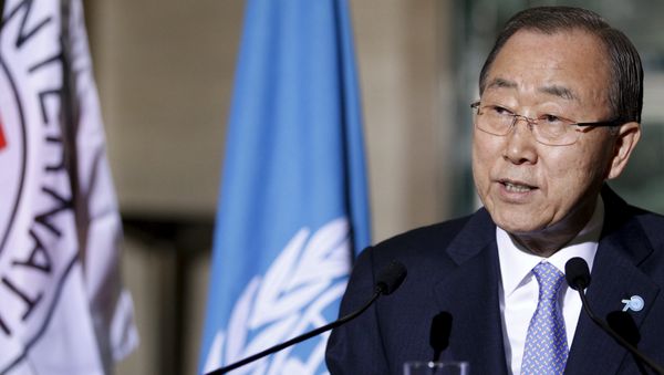 U.N. Secretary-General Ban Ki-Moon speaks to the media with International Committee of the Red Cross (ICRC) President Peter Maurer (not pictured) about the world’s humanitarian crises at the United Nations European headquarters in Geneva, Switzerland, October 31, 2015 - Sputnik International