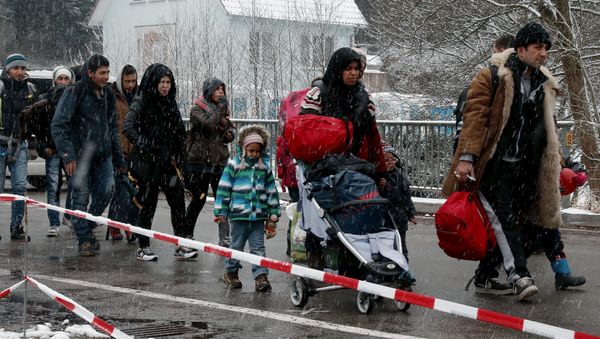 Migrants stay in queue during heavy snowfall before passing Austrian-German border in Wegscheid in Austria, near Passau November 22, 2015 - Sputnik International