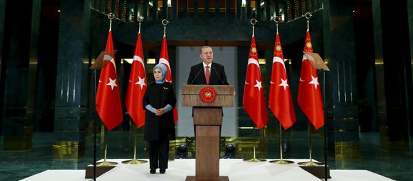 Turkish President Tayyip Erdogan, accompanied by his wife Emine Erdogan, adressess teachers during a reception at the Presidential Palace in Ankara, Turkey, November 24, 2015 - Sputnik International