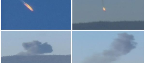 A combination picture taken from video shows a war plane crashing in flames in a mountainous area in northern Syria after it was shot down by Turkish fighter jets near the Turkish-Syrian border November 24, 2015 - Sputnik International