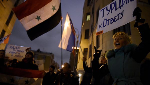 A woman holds a placard reading Bring Turkey to account as she and others gather outside the Turkish embassy in Moscow on November 24, 2015 - Sputnik International