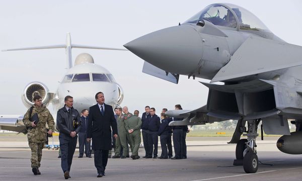 Britain's Prime Minister David Cameron (3rd L) looks at an RAF Eurofighter Typhoon fighter jet during his visit to Royal Air Force station RAF Northolt in London, Britain November 23, 2015.  - Sputnik International