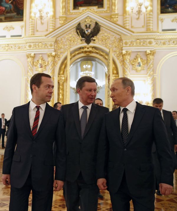 December 3, 2015. From right: Russian President Vladimir Putin, Chief of Staff of the Presidential Executive Office Sergei Ivanov and Prime Minister Dmitry Medvedev after Vladimir Putin's Presidential Address to the Federal Assembly at the Kremlin's St. George Hall - Sputnik International